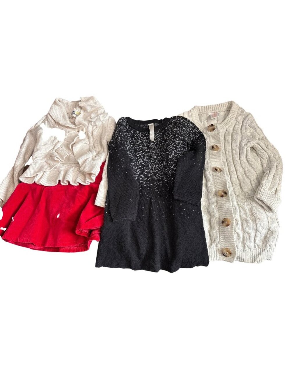 Childrens Bundle: Cable Knit Sweaters Red Skirt Black Sparkle Dress Size 3T OshK